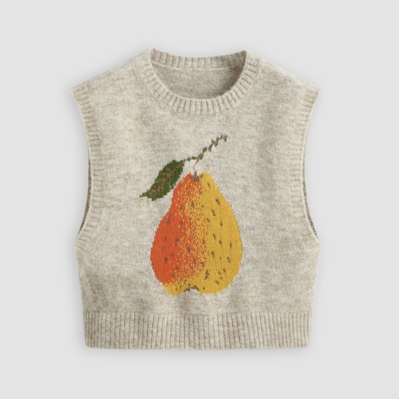 KNIT WOOL-BLEND ROUND NECKLINE PEAR GRAPHIC VEST Women's Small - Picture 5 of 11